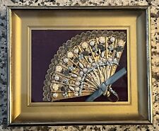 VINTAGE ANTIQUE MINIATURE BRASS FAN GOLD SHADOW BOX PEARLS LACE BLUE RIBBON picture