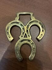 Vintage Solid Brass Horse Bridal Saddle Medallion LUCKY HORSESHOES   3 3/4” VGVC picture