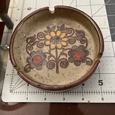 Vtg MCM Otagiri Brown Speckled Stoneware Ashtray Hand Painted Floral Japan Set picture
