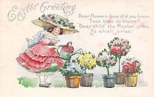 Bertha E Blodget Easter~Girl in Huge Hat~Watering Can~Potted Flower Trees~AMP Co picture