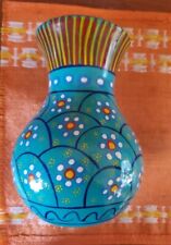 Hand Painted Mexican Folk Art Talevera Vase Turquiise Floral   7 1/2 