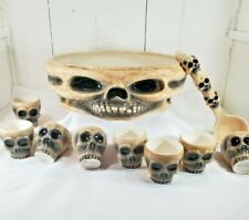 Retired Spirit Halloween Creepy Skull Punch Bowl Set 8 skull cups plus ladle  picture