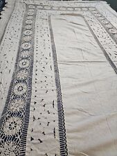 Vtg Large White Handmade Bobbin Lace & Linen Formal Tablecloth 108 x 64