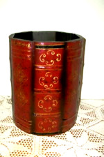 ITALIAN LEATHER TRASH CAN WASTE BASKET WOOD BOOK SPINES PETITE MARKED ITALY picture