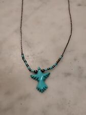 VTG Zuni Fetish ThunderBird Bird Necklace Turquoise 16.5 inch Sterling 925  picture