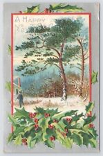 Holiday~A Happy New Year~Snowy Forest~Holly Berries~Wintertime~Snowfall~Vintage picture