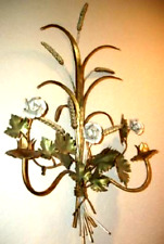 ITALIAN TOLE CANDLE SCONCE GILT ROSES WHEAT HP VINTAGE 1960s HOLLYWOOD REGENCY picture