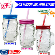 12 Mason Jars 500ml With Handle, Lids, Straws - Cold Drinks, Stylish Design picture