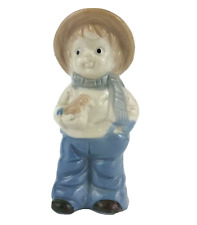 Farm Boy with Hat Holding Chicken Figurine Glossy Porcelain Farmhouse Decor picture