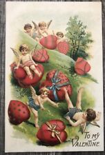 Valentine’s Day Cherubs Cupids Tumbling Down Hill W Hearts Vintage Postcard KK11 picture