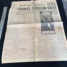 Vtg Oct 18 1931 - Thomas Edison - Death Newspaper - San Francisco Examiner ￼ picture