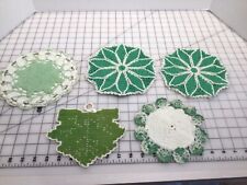 5 Vintage Crochet Hot Pads Potholders Green Kitschy Decorative picture