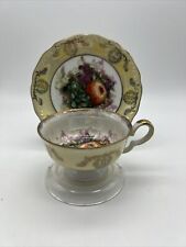 LM Royal Halsey Fine China Teacup Saucer Iridescent Luster Fruit and Gold Trim picture