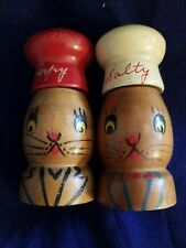 Vintage Wooden Hand Painted Cat Salty &  Peppy Twist Top Salt Pepper Shaker Set picture