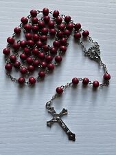 Vintage Red Maroon Wood Bead Catholic Rosary Crucifix Silver tone Made In Italy picture