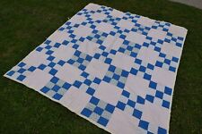 1930's Hand Stitched Nine Patch Quilt Blue White Good Condition 71 x 79.5 picture