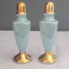 Art Deco Salt Pepper Shaker Iridescent Turquoise Lusterware Gold Accent Aged Vtg picture