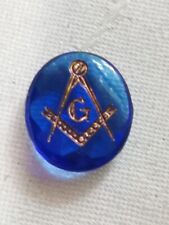 Vintage Masonic Jewel Stone, Gold Inset In Faceted Blue Glass, Signet Oval picture