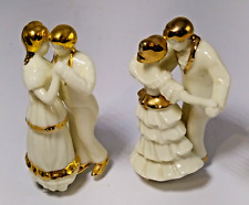 2 Ivory Color Porcelain Dancing Victorian Couples Music Box Figurines Gold Trim picture