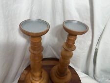 2 Wooden 15 Inch Tall Hand Turned Rustic Candle Holders w/Metal Caps picture