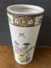 antique vintage chinese tall cylinder vase polychrome famille rose 10” Floral picture