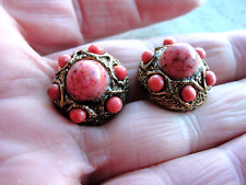 Vintage 1 Pink Salmon Coral Button Antique Gold Heavy Metal Coral Stones 5/8