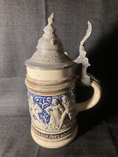 Vintage German Beer Stein Mug #314 Pewter Hinged Lid 3D Embossed Design .5 L picture