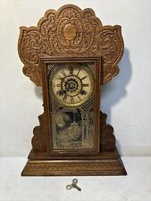 1878 Antique WATERBURY USA Henshaw Alarm Mantle / Wall Clock With Oak Case picture