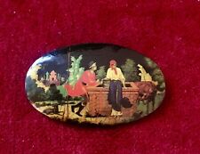 Russian Lacquer Oval pin button pinback Brooch Black Background Sleigh Horses picture