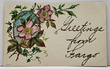Fargo North Greetings Embossed Glitter Decorated 1908 to Douglas Postcard F18 picture