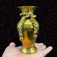 Vintage Golden Metal Brass Vase With Rope Around The Top Vessel 4.75