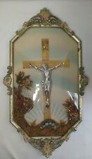 Antique VTG  Crucifix In Bubble Convex GLASS 20 X 11 1/2” Religion Cross Jesus picture
