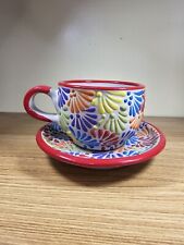 Mexican Talavera Pottery Cup And Saucer Hand Painted Colorful picture
