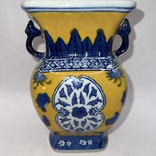 Vintage Chinese Vase Yellow /Blue Oriental Asian 6.5 INCHES Double Handled picture