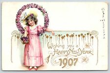 New Year Large Number 1907~Dainty Victorian Girl in Pink~Flower Wreath~TUCK picture