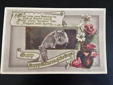 vintage postcard  kitty cat Tucks GEM birthday series persian flowers picture