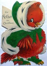 Vtg Christmas Card-BABY CARDINAL BIRD GREEN CAPE HOODIE SHOES FUR TRIM picture