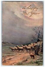 1907 A Happy New Year Flock Shepherd Oilette Connoisseur Tuck Art Postcard picture
