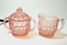 Vintage Jeannette Windsor Diamond Pink Depression Glass Creamer & Sugar Bowl Lid picture