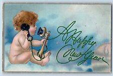 New Year Postcard Little Child Telephone Embossed Warrens Wisconsin WI c1910's picture