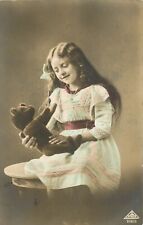 Studio RPPC Postcard; Girl Loves her Teddy Bear Hand-Colored Posted 1913 England picture