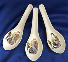 Vintage Set Of 3 Miso Soup Rice Spoons Porcelain Hand Painted Wise Man Japan picture