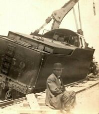 C.1910s RPPC Train Wreck  Derailment. Large Crane. RR Employee Portrait Postcard picture