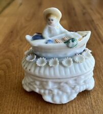 Antique Porcelain Fairing Trinket Box Victorian Girl rowing boat Miniature Germa picture