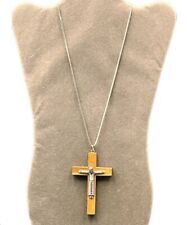 VTG Wood Crucifix Silver Tone Jesus Catholic Christian Necklace Gothic Jewelry picture