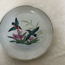 Hummingbird Vintage Plate Trinket Dish 4” Diameter Porcelain Purple Flowers picture