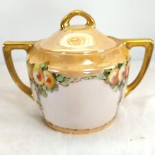 Antique Weimar Germany 8 Oz Sugar Bowl and Lid Peach Lustre Finish Peach Floral picture