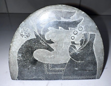 RARE vtg Russian Paperweight Black Marble Etched Reindeer/Babushka Made in USSR picture
