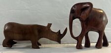 VTG 2 Small Hand Carved Wooden Elephant & Rhinocerus Safari Animals 2.5-3.5” picture