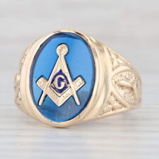 Masonic Signet Ring Lab Created Spinel 10k Yellow Gold Size 7.75 Blue Lodge picture